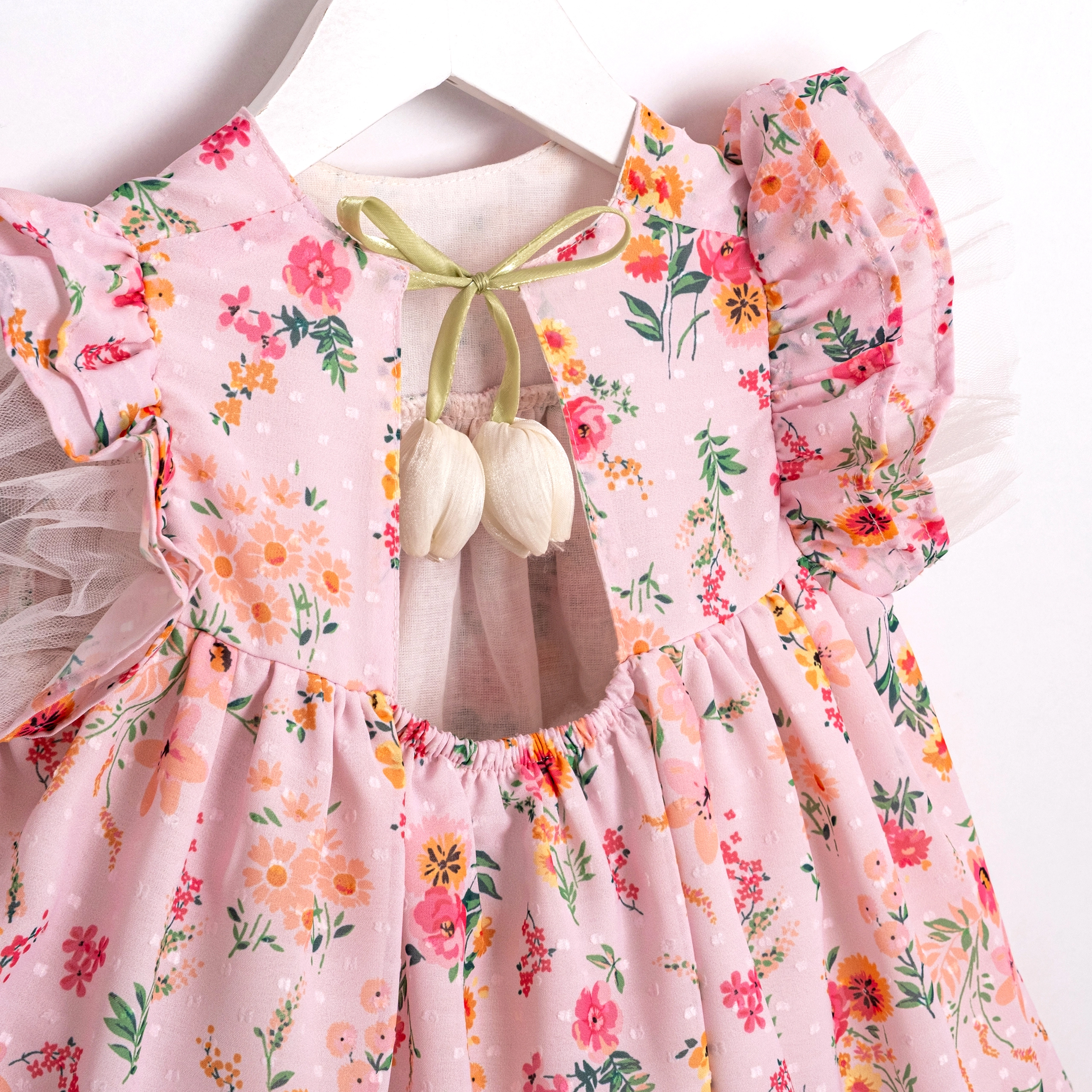 Flora Pembe Çiçekli Lale Detaylı Kız Çocuk Elbise