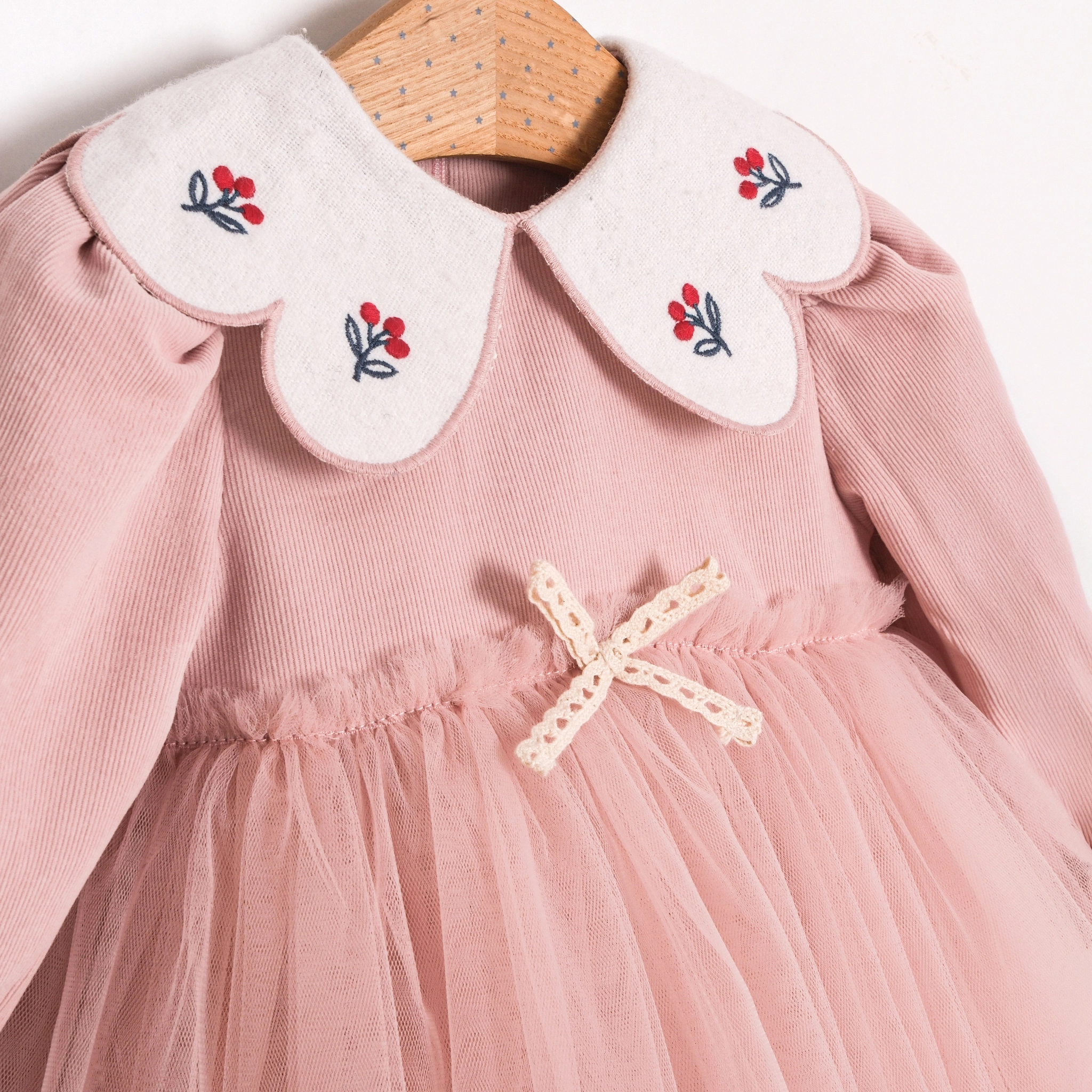 Nia Pembe Kadife Kız Bebek Elbise