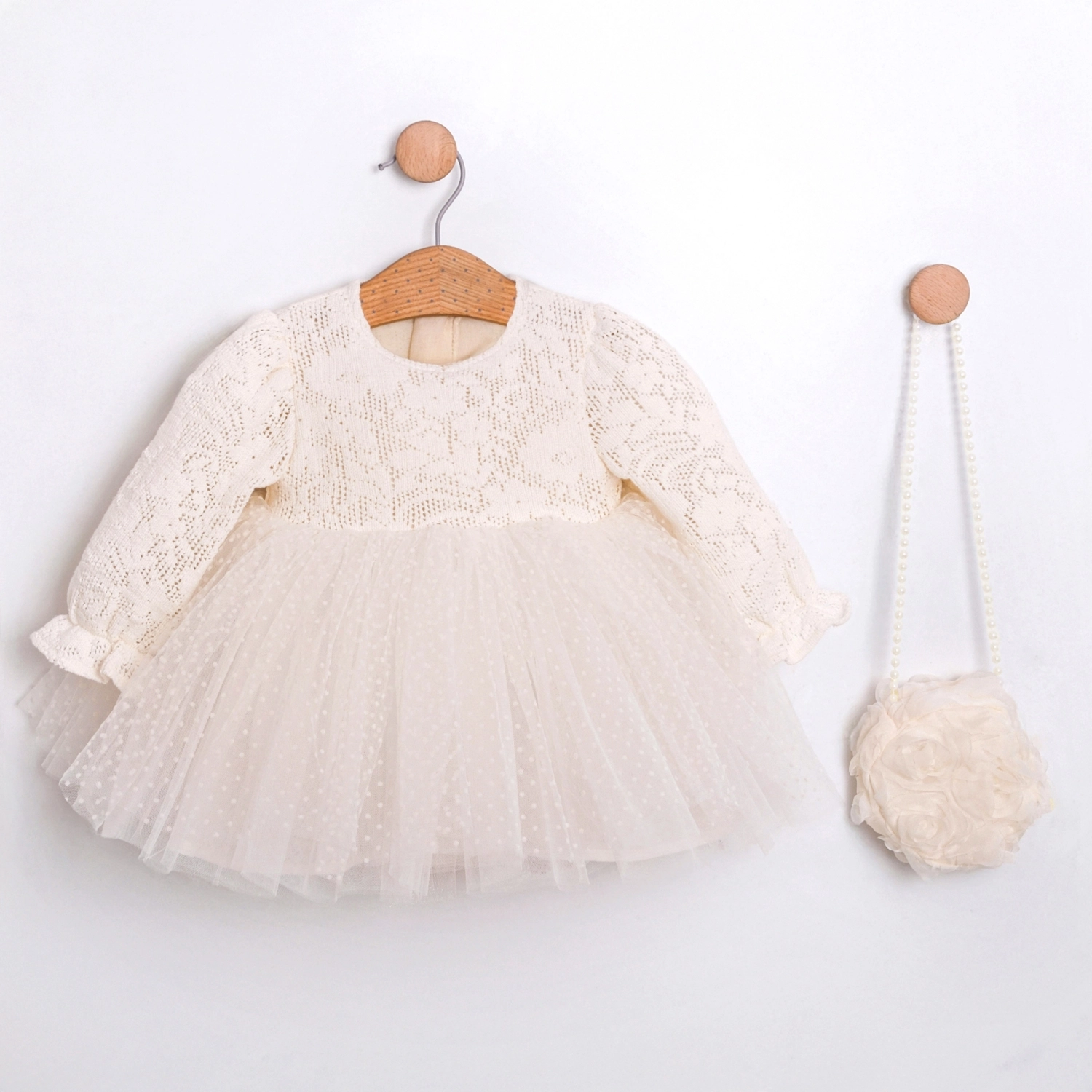 Vanadey Ekru Çantalı Kız Bebek Elbise