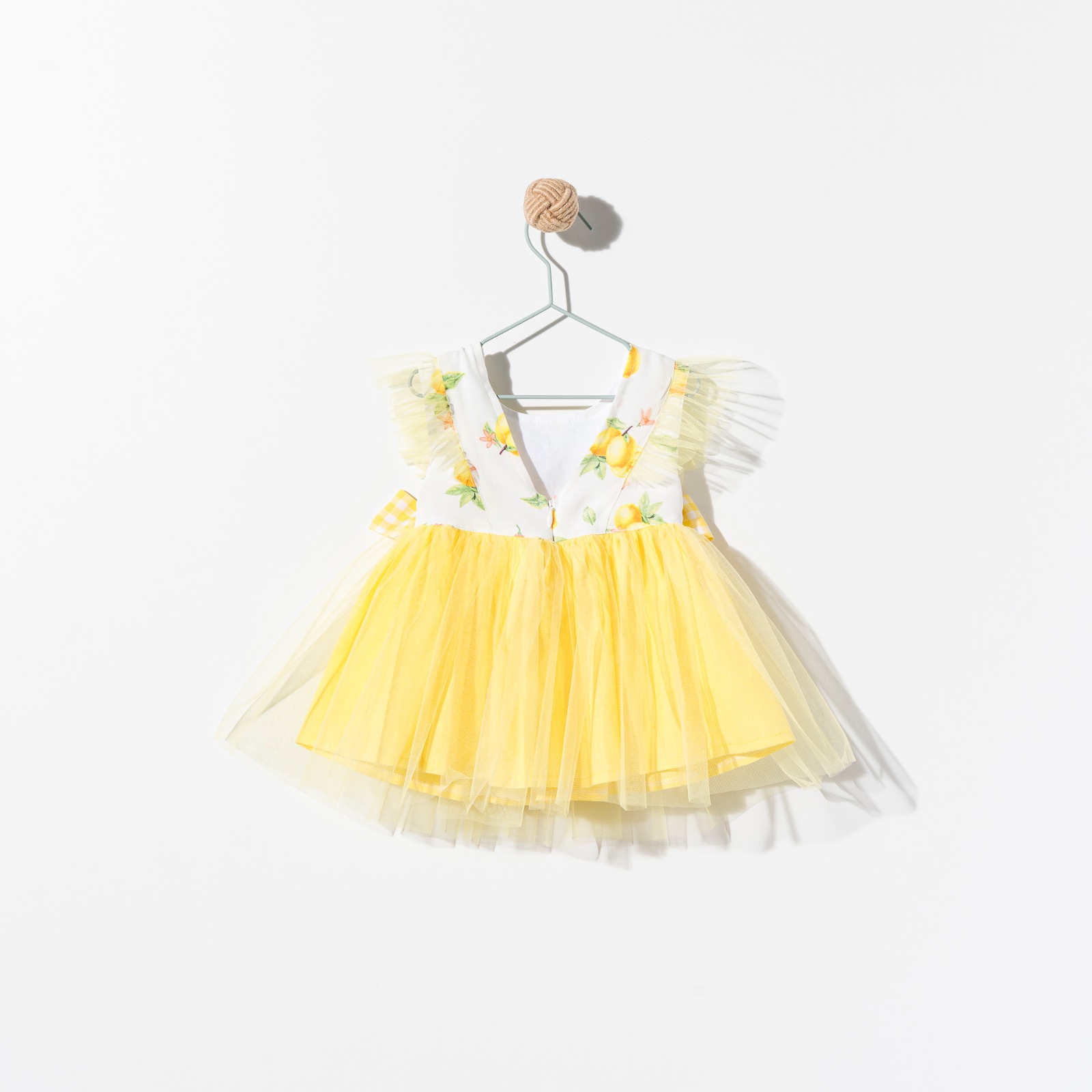 Limonlu Tütülü Fiyonk Detaylı Kız Bebek Elbise
