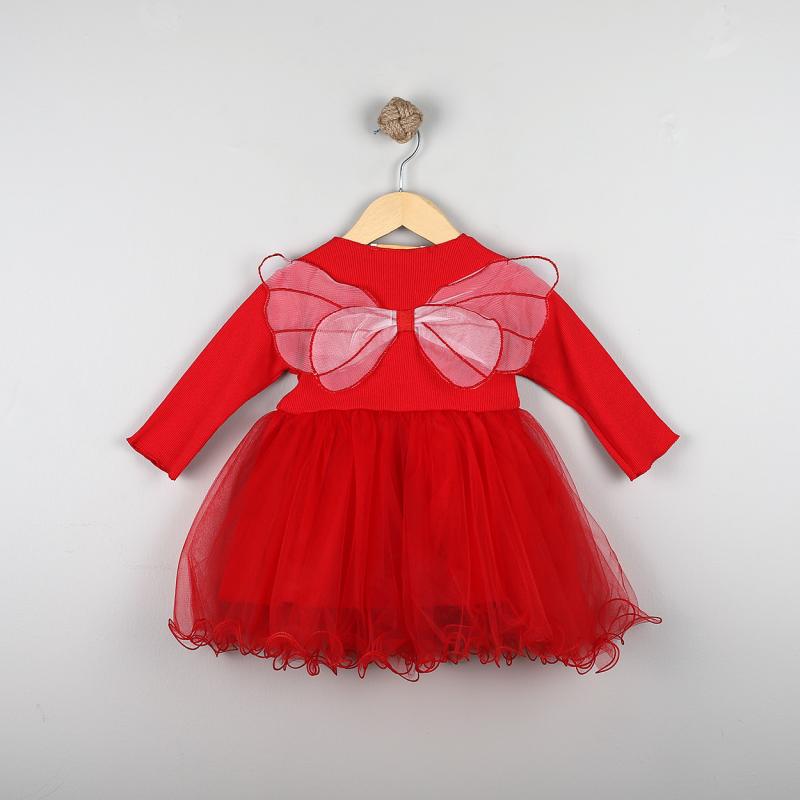 Kırmızı Kanatlı Uzun Kollu Kız Çocuk Elbise