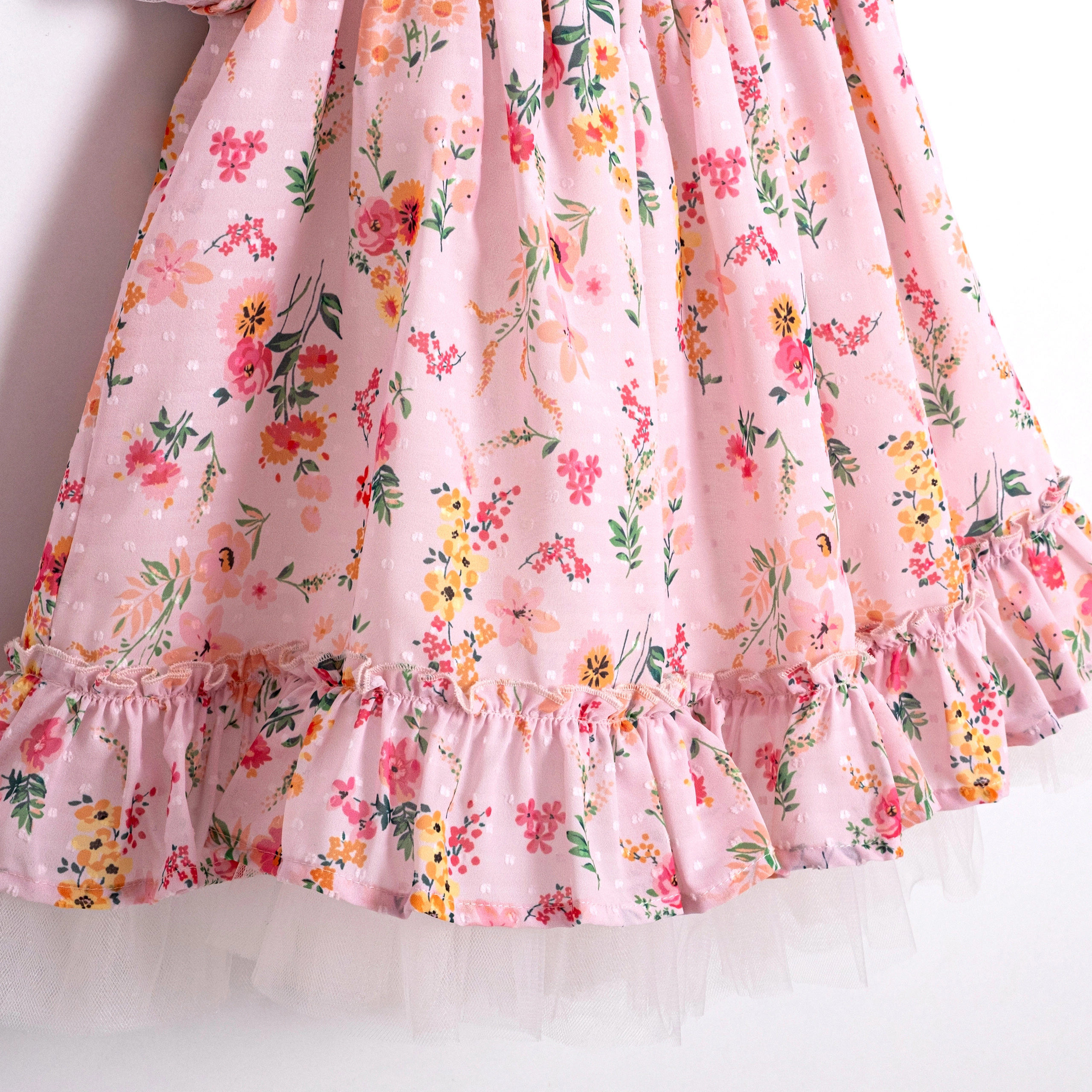 Flora Pembe Çiçekli Lale Detaylı Kız Çocuk Elbise