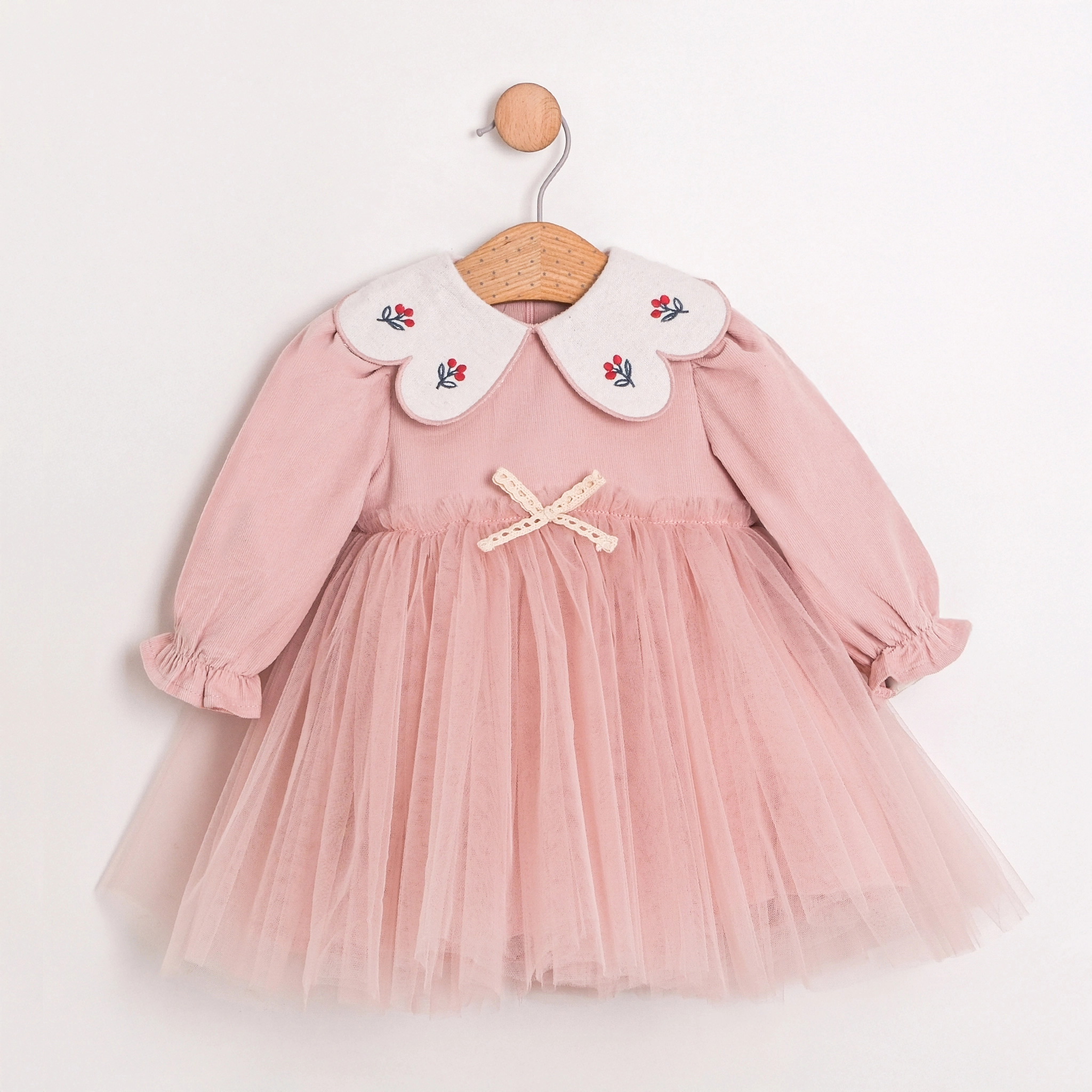 Nia Pembe Kadife Kız Bebek Elbise