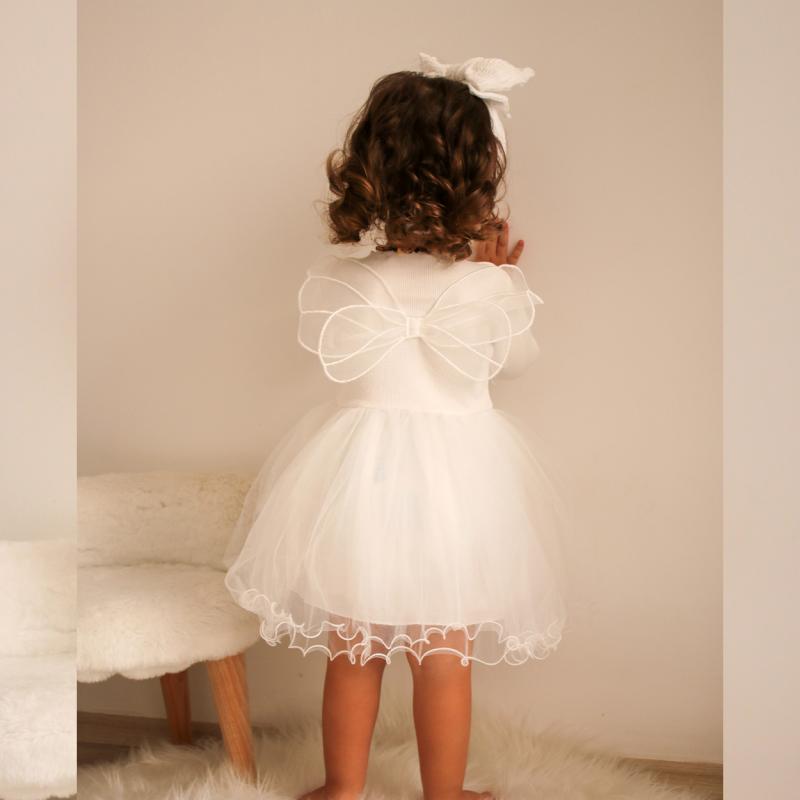 Beyaz Kanatlı Uzun Kollu Kız Çocuk Elbise