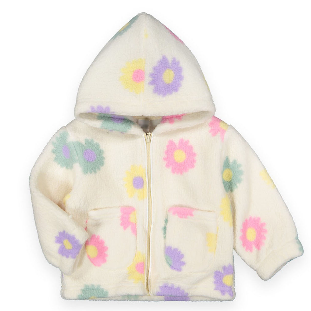 Ekru Renkli Çiçek Desenli Kız Çocuk Polar Ceket