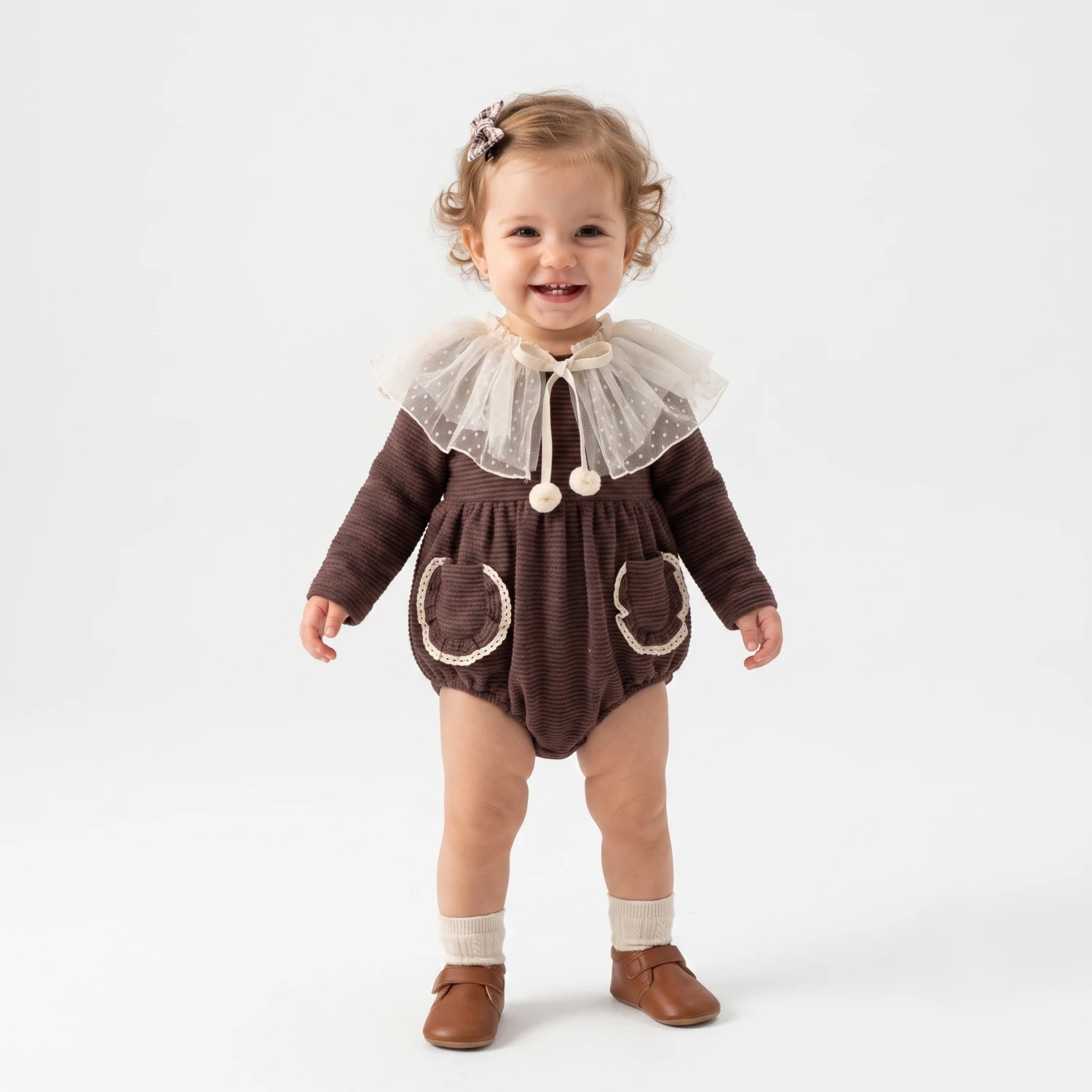 Milly Kahverengi Pelerinli Kız Bebek Romper