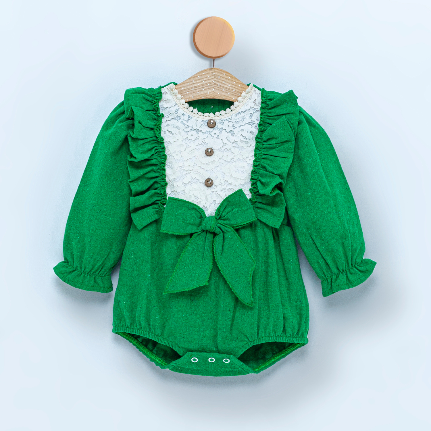 Yeşil Fiyonk Detaylı Kız Bebek Romper