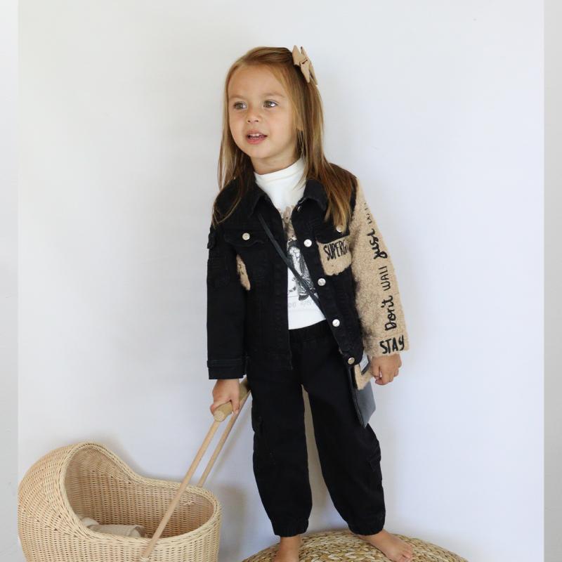 Çantalı Siyah Kot Peluş Detaylı Takım 