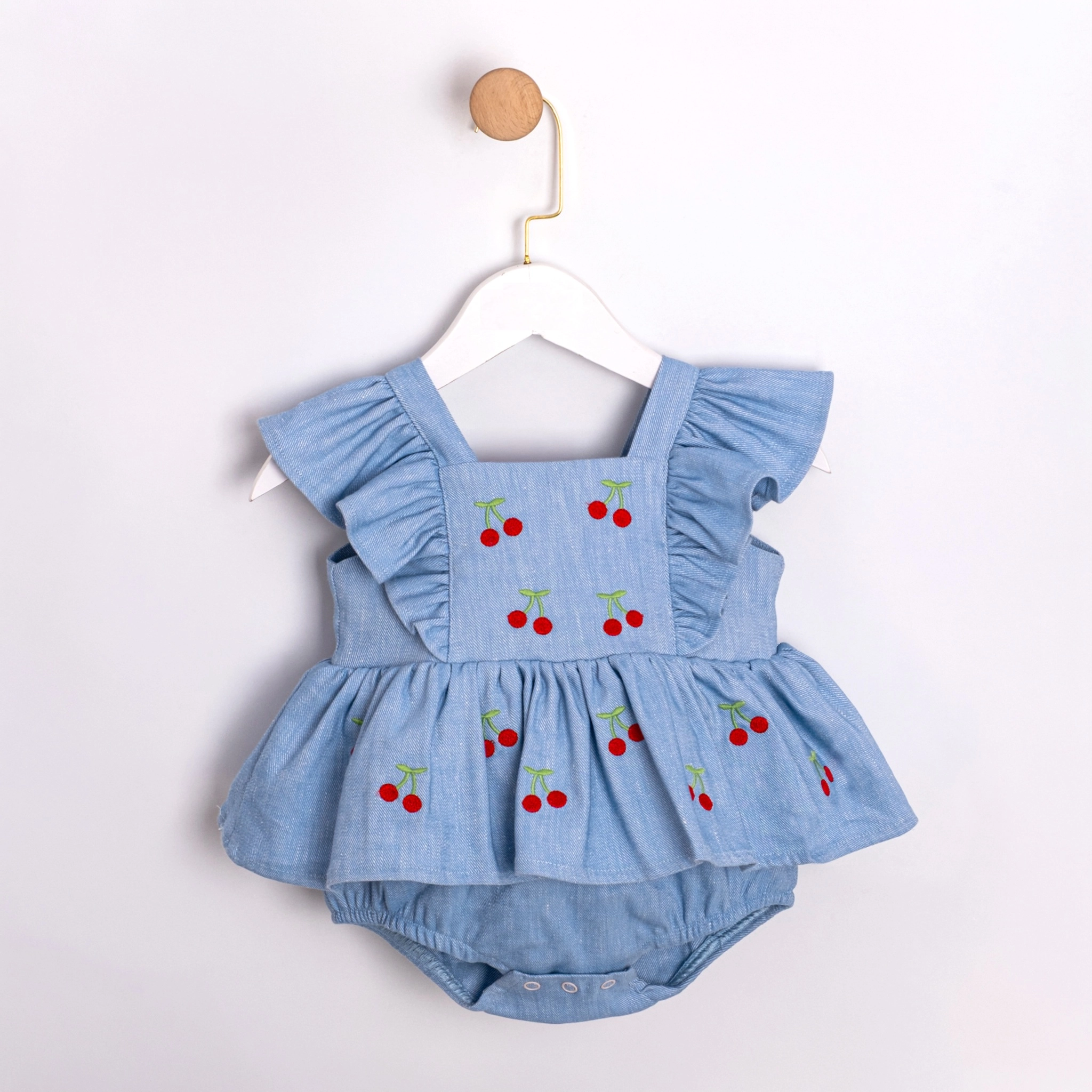 Cherry Kirazlı Açık Mavi Kot Kız Bebek Romper