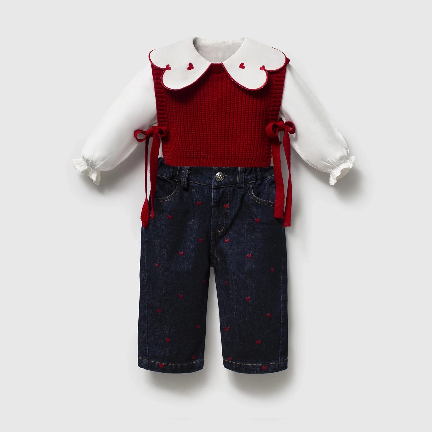 Maeve Kırmızı Kalpli Kız Bebek Jean 3’lü Takım