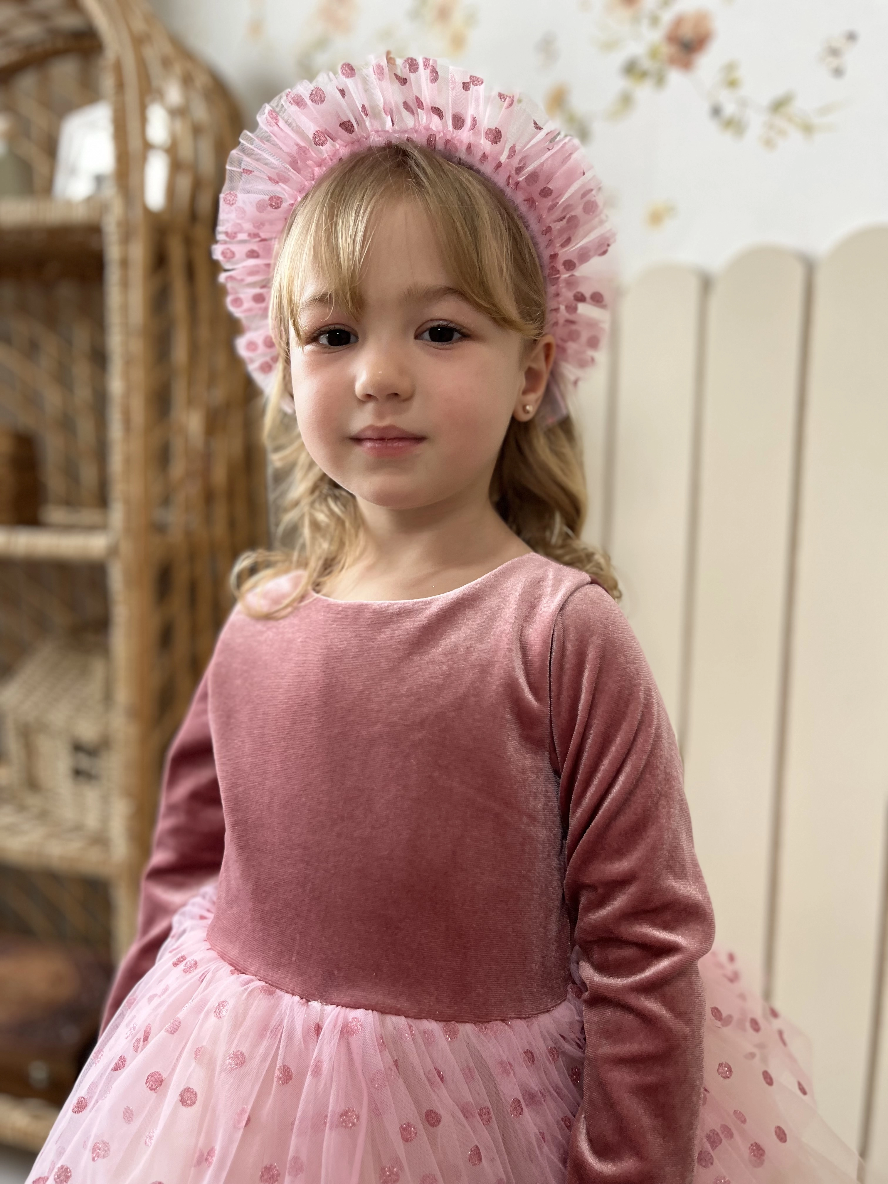 Elinor Kadife Puantiyeli Tütülü Kız Çocuk Elbise