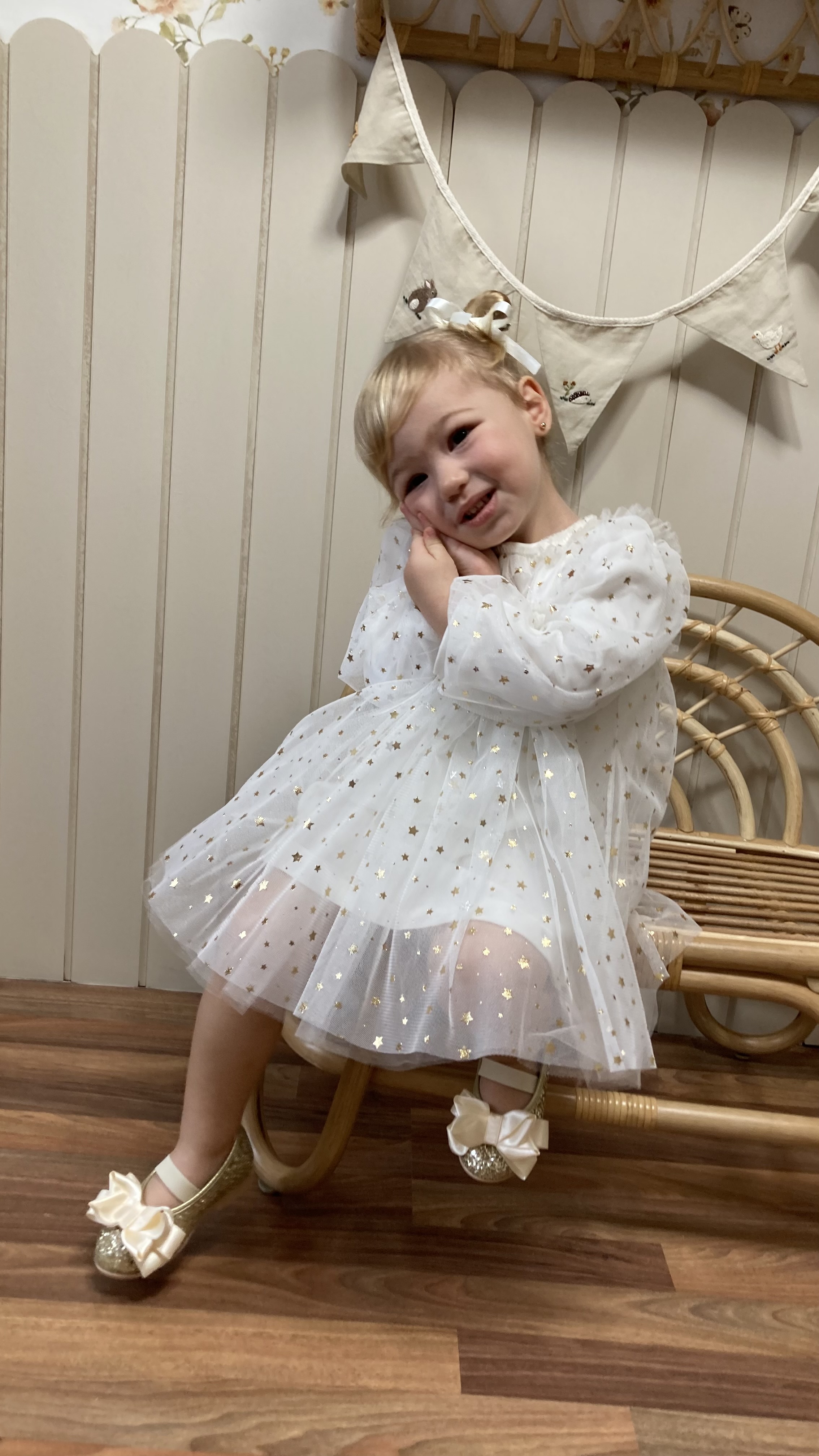 Star Ekru Tütülü Kız Bebek Parti Elbise