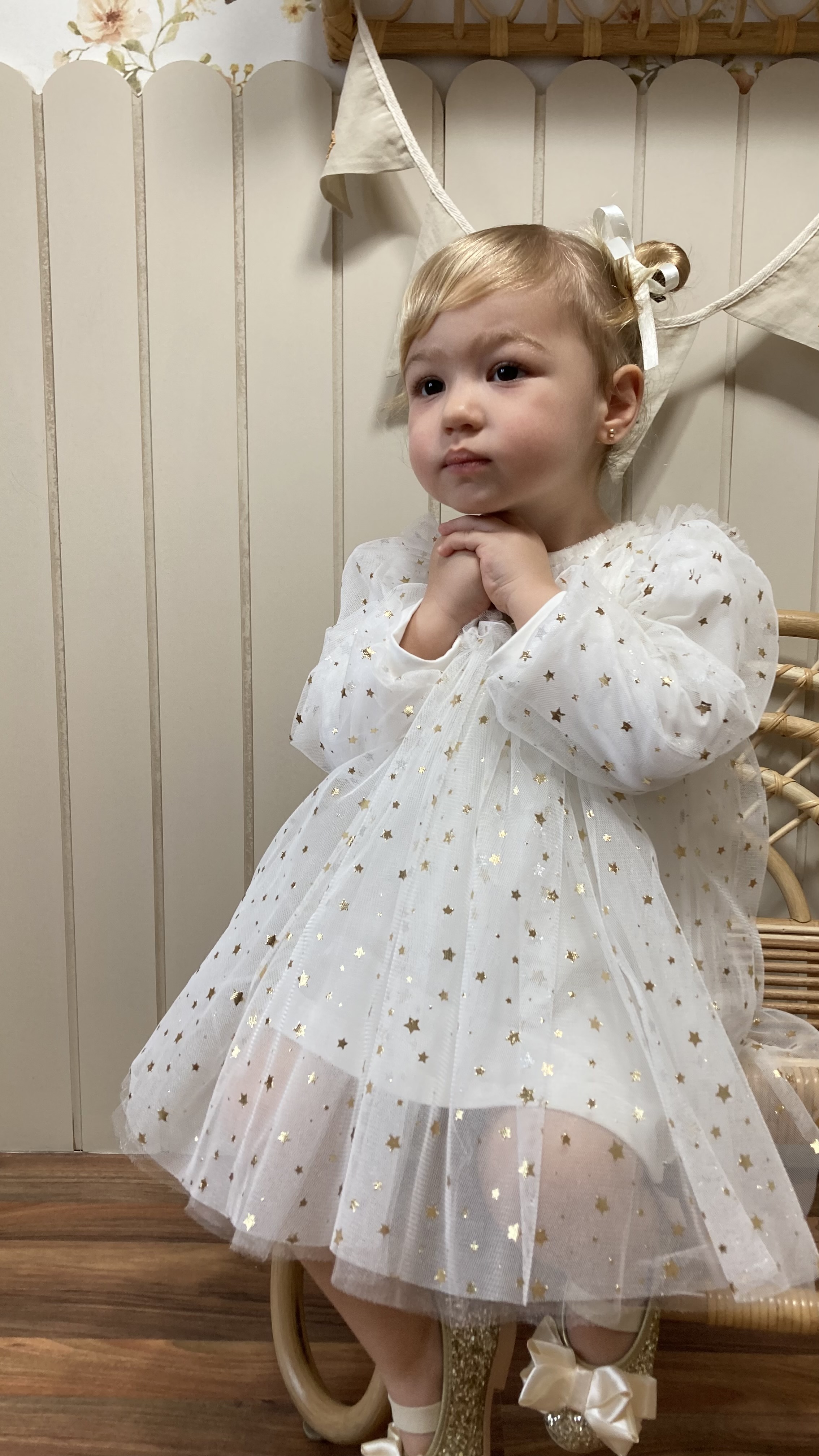 Star Ekru Tütülü Kız Bebek Parti Elbise