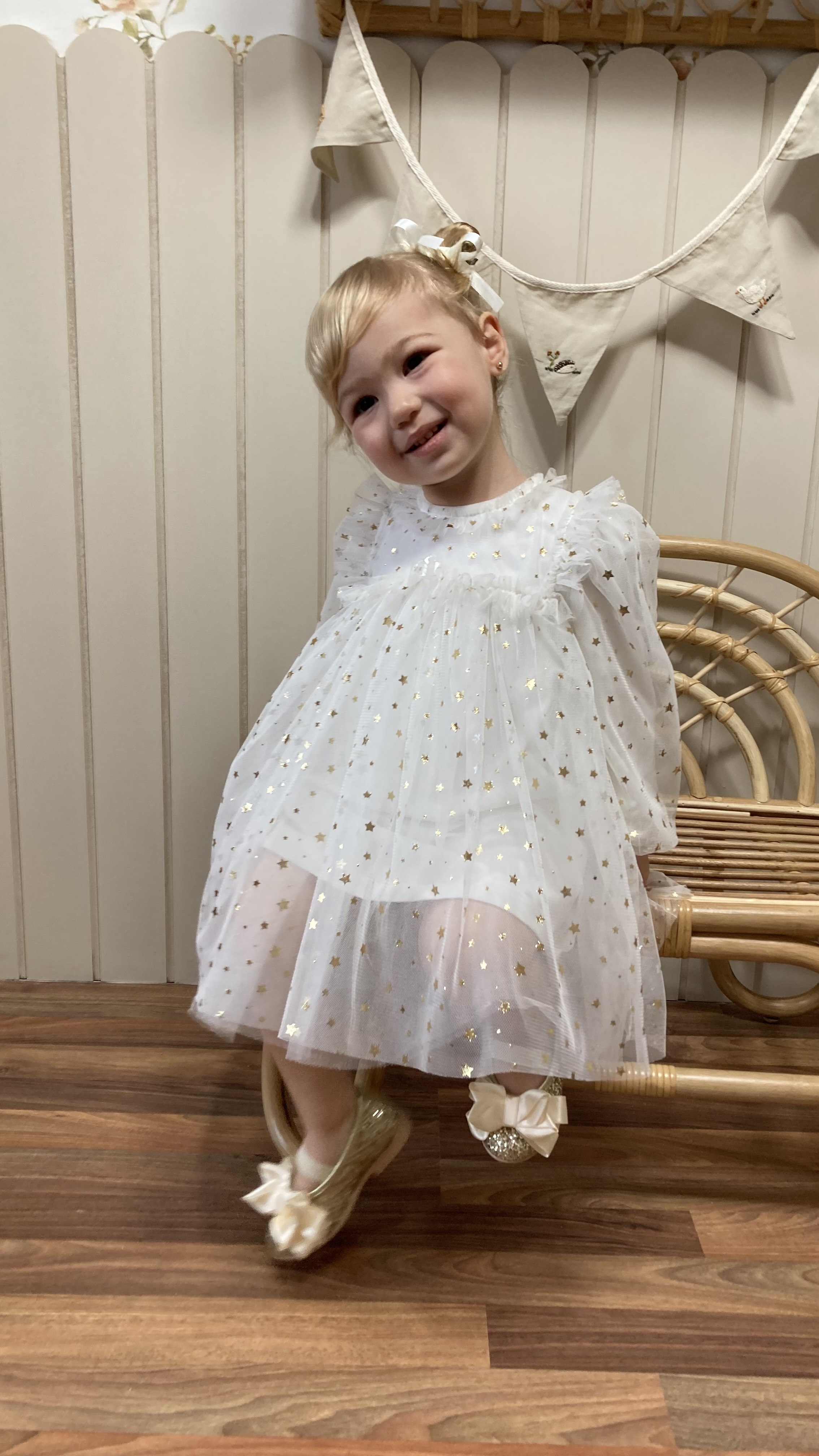 Star Ekru Tütülü Kız Bebek Parti Elbise