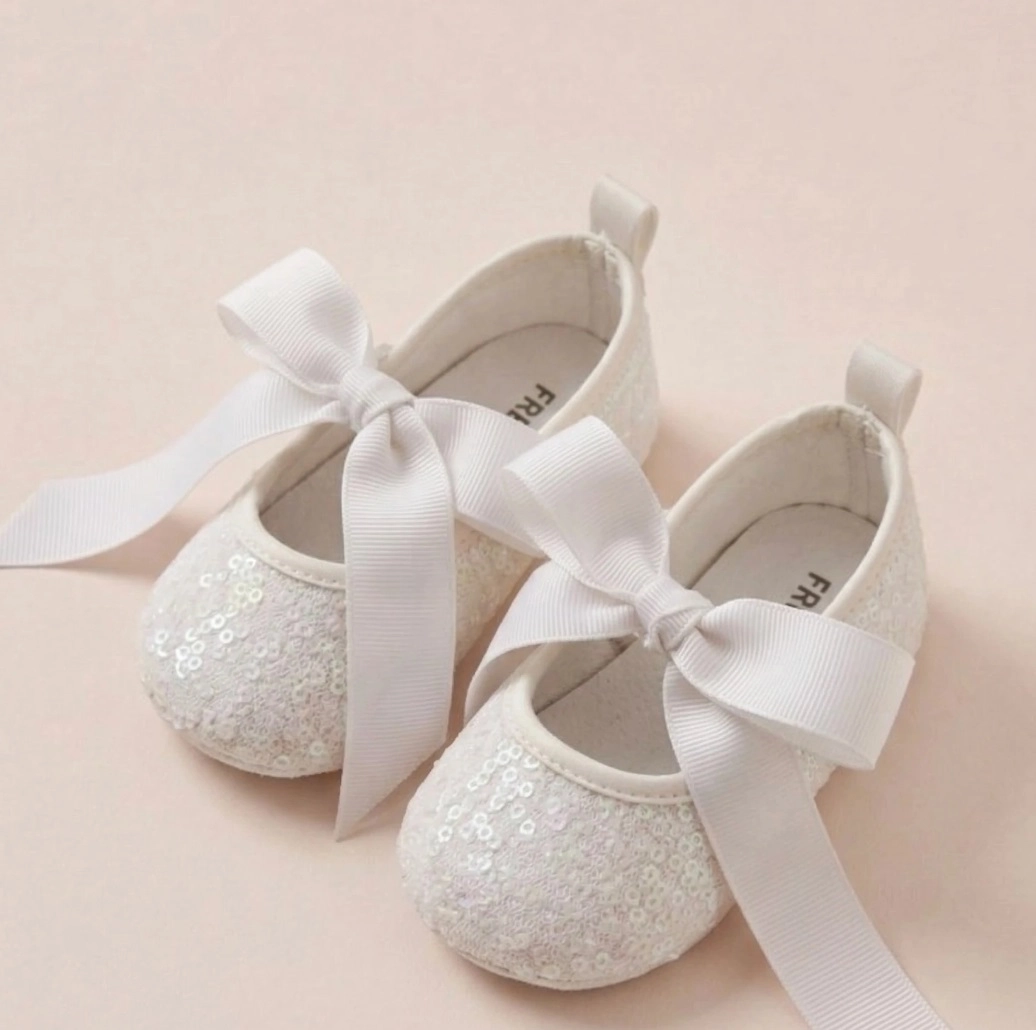 Sparkle Düz Beyaz Payetli Kız Bebek Babet
