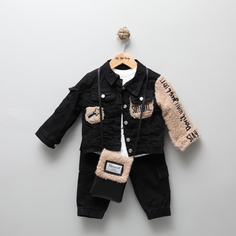 Çantalı Siyah Kot Peluş Detaylı Takım 