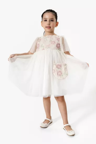 Elaine Pudra Desenli Kız Çocuk Tül Elbise