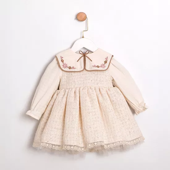 Bellina Ekru Tüvit Kız Bebek Elbise