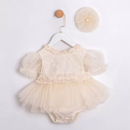 Olydia Bej Dantelli Tokalı Kız Bebek Romper