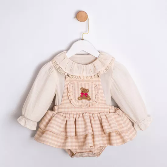 Adeline Bej Ayıcıklı Kız Bebek Romper Takım