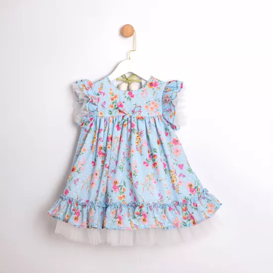 Flora Mavi Çiçekli Lale Detaylı Kız Çocuk Elbise