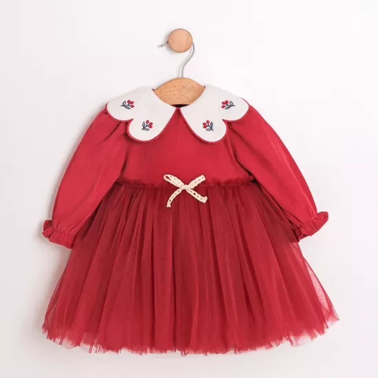 Nia Kırmızı Kadife Kız Bebek Elbise