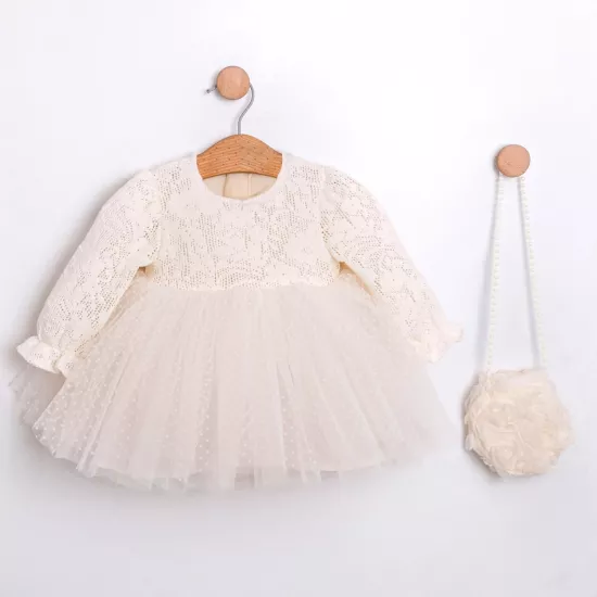 Vanadey Ekru Çantalı Kız Bebek Elbise