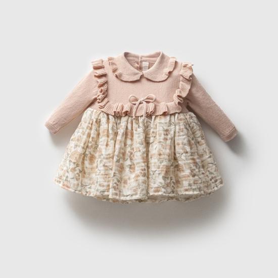 Flories Pudra Triko Kız Bebek Elbise