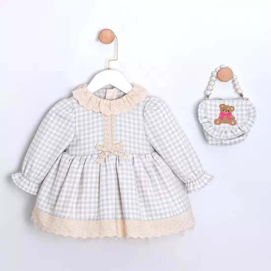 Leora Mavi Pötikareli Çantalı Kız Bebek Elbise