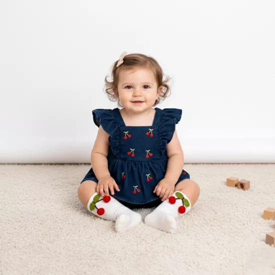 Cherry Kirazlı Kız Bebek Kot Romper