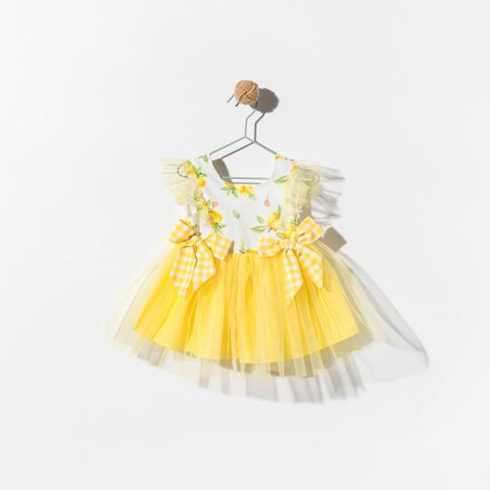 Limonlu Tütülü Fiyonk Detaylı Kız Bebek Elbise
