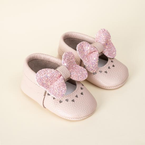 Sole Pembe Fiyonklu Hakiki Deri Kız Bebek Makosen