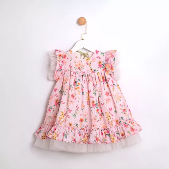 Flora Pembe Çiçekli Lale Detaylı Kız Çocuk Elbise