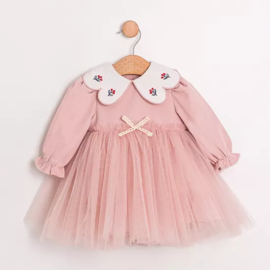 Nia Pembe Kadife Kız Bebek Elbise