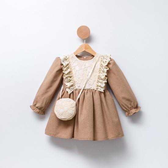 Kahverengi Fisto Yakalı Çantalı Kız Çocuk Elbise
