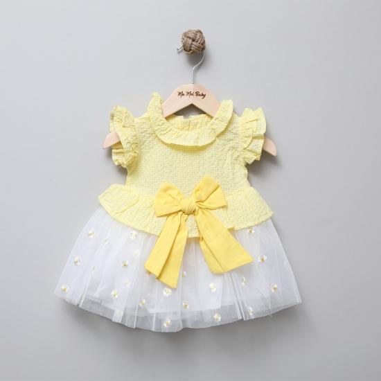 Sarı Fiyonklu Papatyalı Kız Bebek Tütülü Elbise