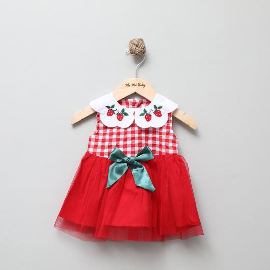 Çilek Nakışlı Ekoseli Kırmızı Kız Bebek Elbise