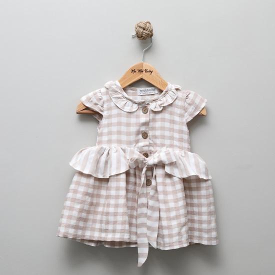 Fırfır Yakalı Bej Kareli Kız Çocuk Elbise