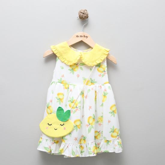 Limon Detaylı Bebe Yakalı Çantalı Kız Çocuk Elbise