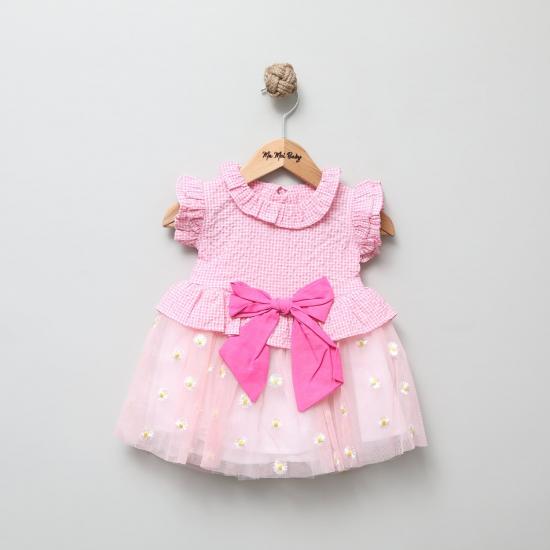 Pembe Fiyonklu Papatyalı Kız Bebek Tütülü Elbise