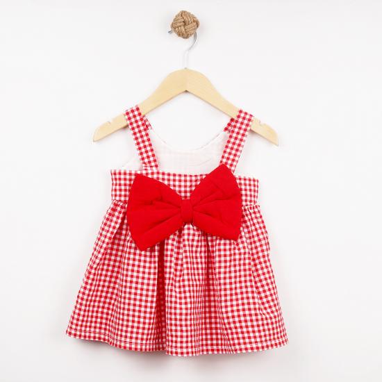 Kırmızı Pötikare Fiyonklu Kız Çocuk Elbise