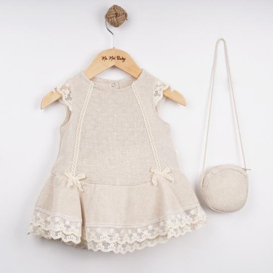 Çantalı Keten Kız Bebek Elbise