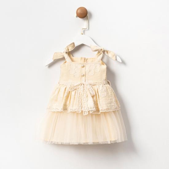 Belle Bej Askılı Kız Bebek Elbise