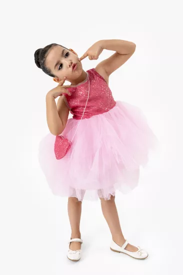 Pinky Pullu Çantalı Tütü Kız Çocuk Elbise