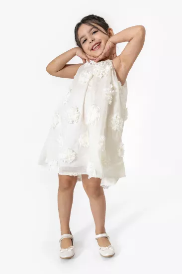 Aviana Ekru Çiçekli Kız Çocuk Elbise