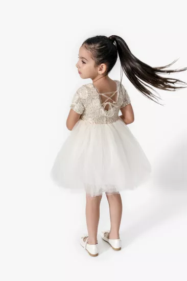 Arcelia Pullu Gül Detaylı Kız Çocuk Elbise