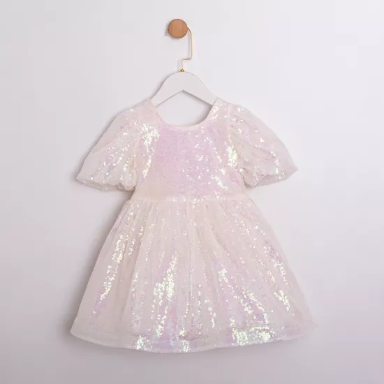 Lola Beyaz Pullu Fiyonklu Kız Çocuk Elbise