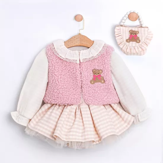 Arisa Pembe Çantalı Kız Bebek Romper Takım