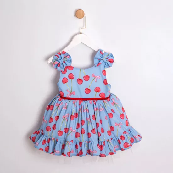 Cherilyn Mavi Kirazlı Kız Çocuk Elbise
