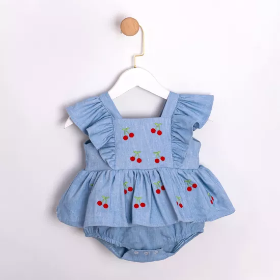 Cherry Kirazlı Açık Mavi Kot Kız Bebek Romper